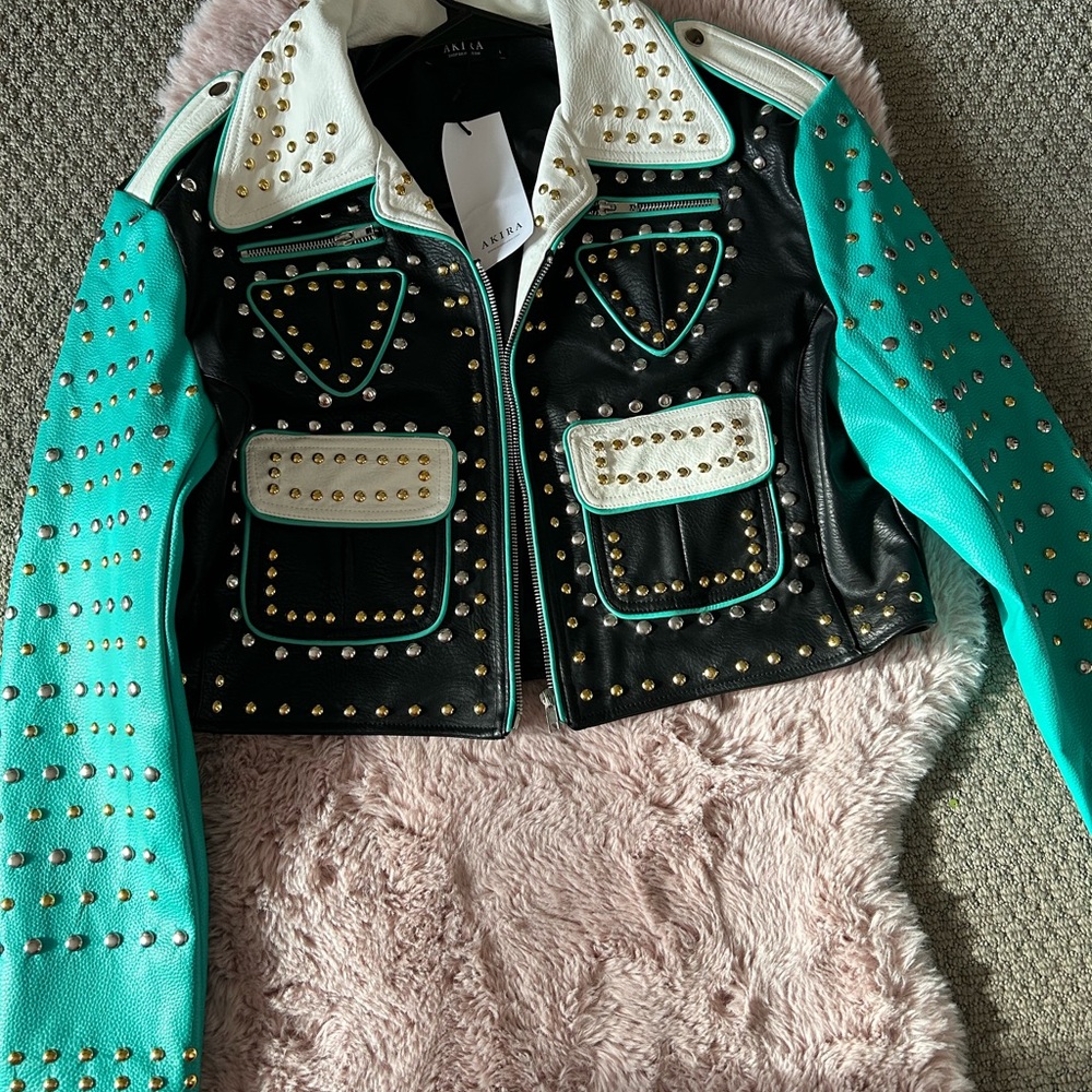 Akira Leather Jacket with Turquoise Sleeves